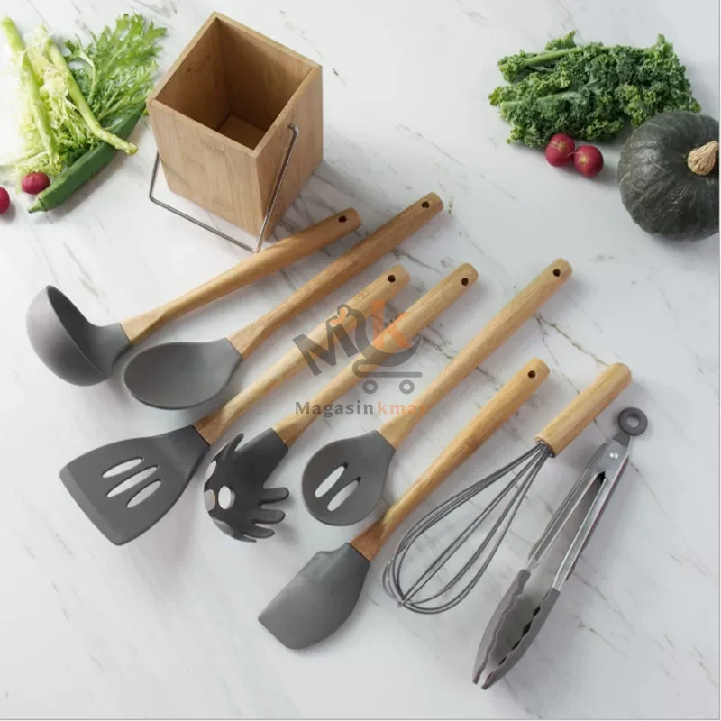 Ustensiles de cuisine en silicone avec manche en bois