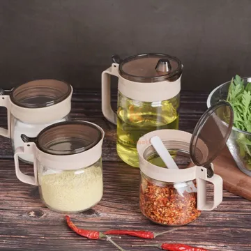 Set cuisine en verre – 3 boîtes à épices + bouteille à huile avec pinceau 500 ml