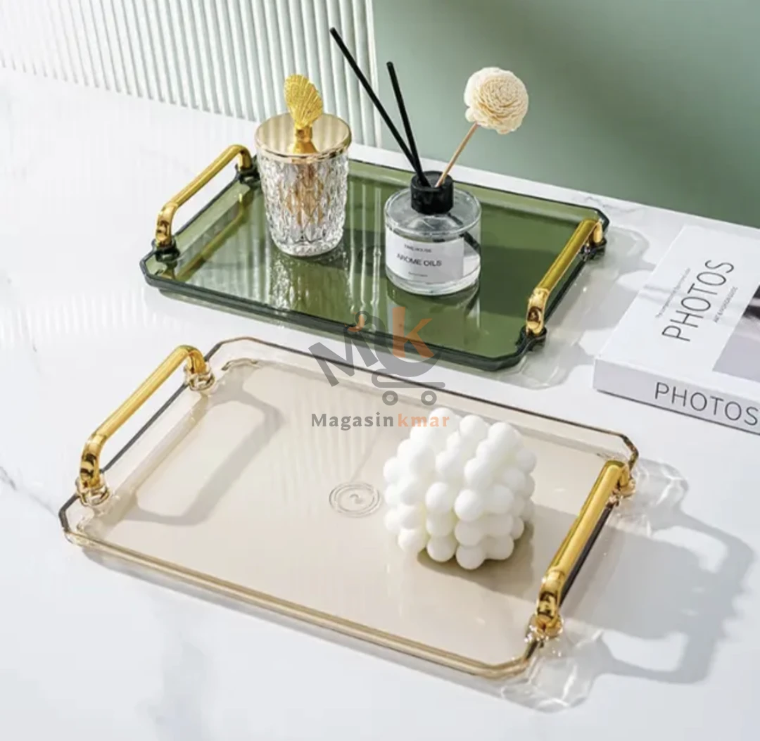 Plateau rectangulaire en plexi avec deux manches doré_32x21cm