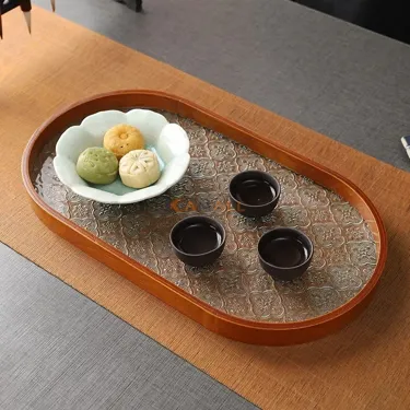 Plateau Ovale en Verre et Bois – Plateau de Service Élégant pour Table et Réception
