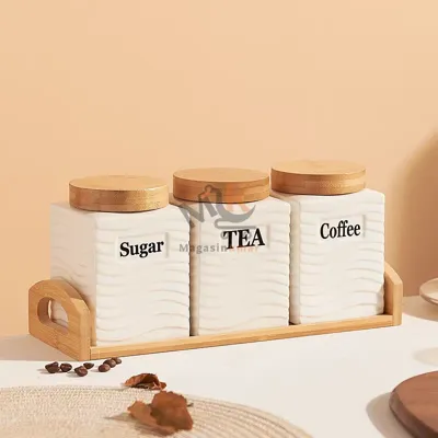 Set de 3 boîtes à épices en céramique avec support en bois
