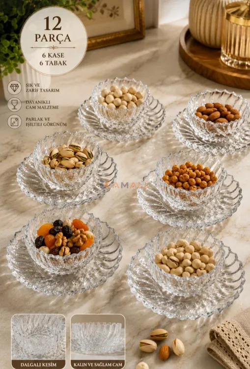Service de 6 Bols avec 6 Assiettes en Verre 200 ml – Set de Vaisselle pour Desserts et Service de Table
