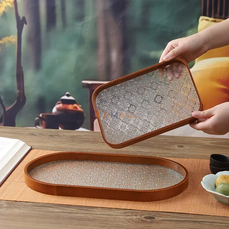 Plateau de Service rectangulaire en Verre et Bois– Plateau Élégant pour Présentation et Table