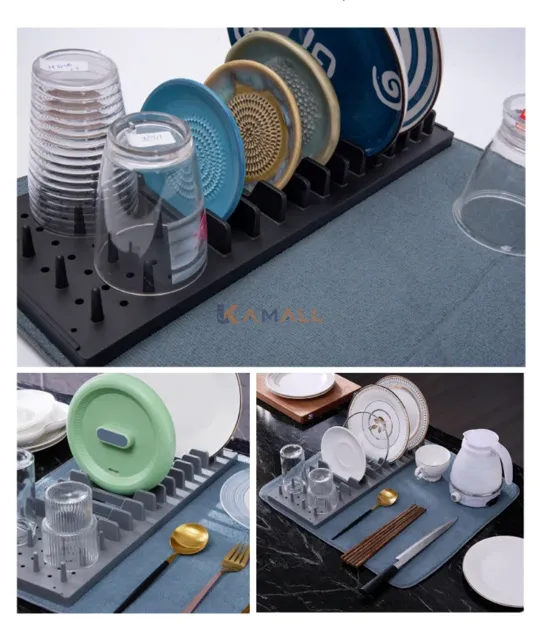 Tapis à vaisselle avec organisateur 60 × 37 cm – Égouttoir et rangement pratique pour cuisine