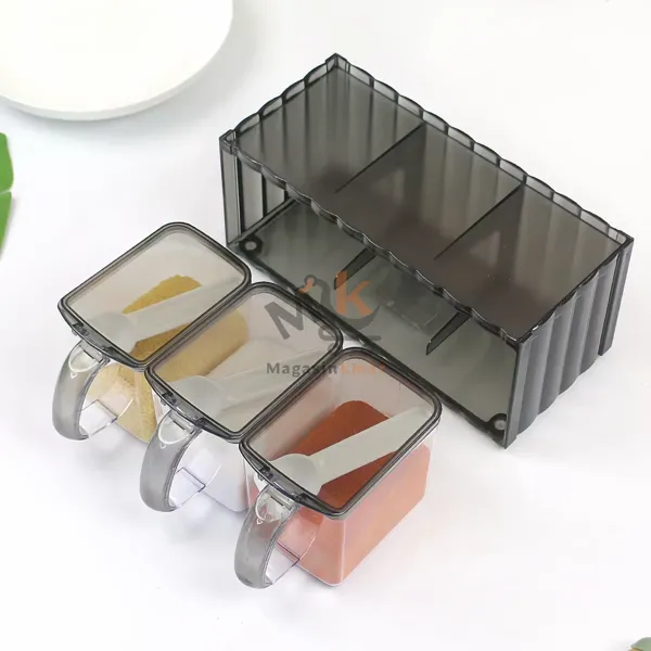 Set 3 boîtes à épices en plexi avec cuillère et support – Rangement pratique cuisine