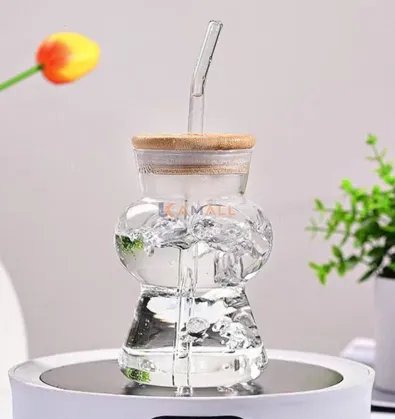 Chope en verre tdoré avec Paille et couvercle bois
