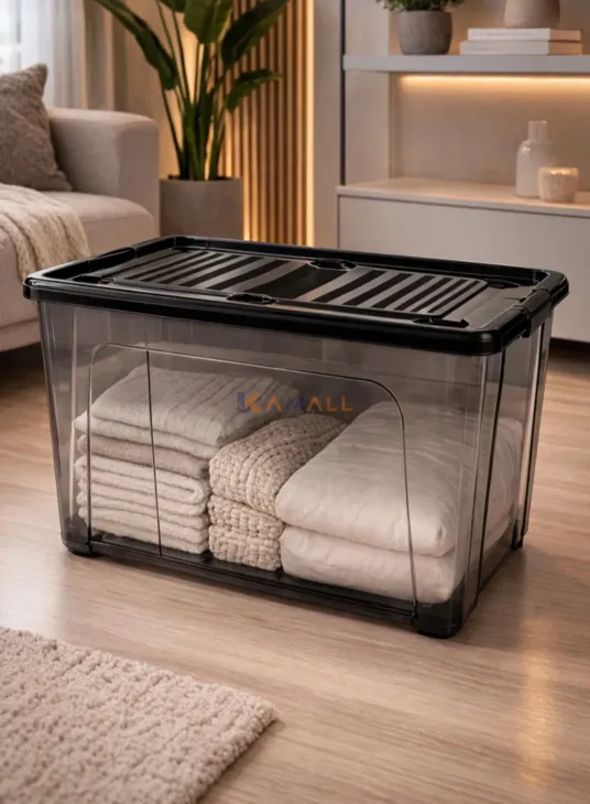 Boîte de Rangement avec Couvercle 60 L en Plastique – Grand Bac de Stockage Résistant pour Maison et Organisation