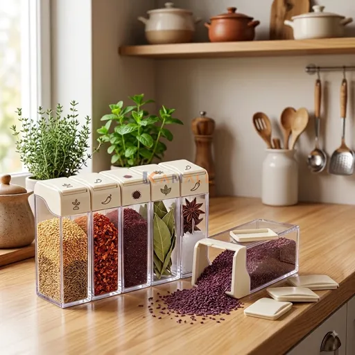 Lot de 6 Boîtes à Épices avec Support en Plexiglas – Organisateur à Épices Pratique et Élégant