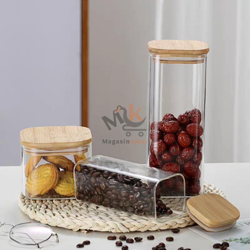 Bocal à épices en verre rectangulaire avec couvercle hermétique en bois – 18 cm